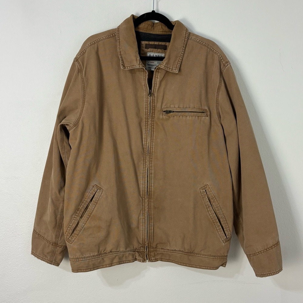 Vintage Y2K Old Navy Tan Canvas Chore Barn Jacket Mens L Fleece Lined Utility‎